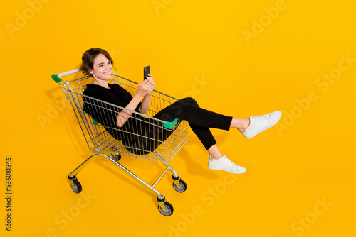 Photo of funny cute lady wear black shirt rising arms riding shopping tray typing modern device isolated yellow color background