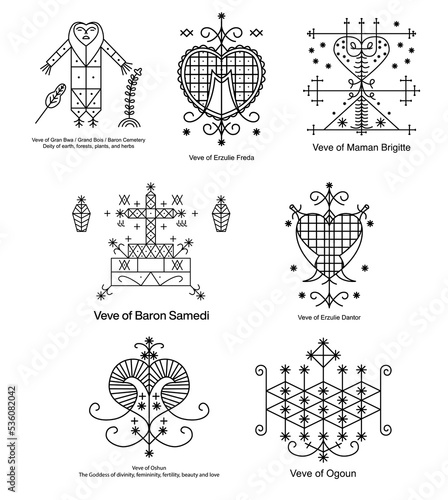 Veve of Erzulie Dantor, Erzulie Freda, Oshun, Baron Samedi, Ogoun, Maman Brigitte, Gran Bwa. Voodoo religious symbol. Transparent black icon, isolated on white background. Vector EPS10. 
