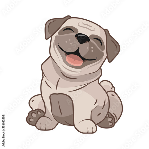 Cute pug sitting and smiling with tongue stick out, chubby puppy,  funny sweet adorable pet waiting for owners, happy dog smile, cartoon style, pedigree dog, lovely animal, front view