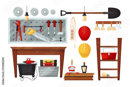 Garage or workshop furniture and tools vector illustrations set. Cartoon drawings of workbench, different instruments hanging on board isolated on white background. Carpentry, repair service concept