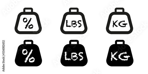 Simple KG, LBS and % weight web symbol. Dumbbell vector icon.