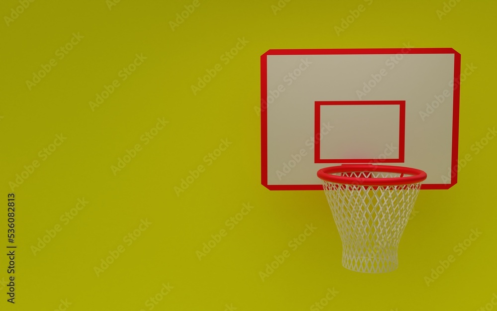 3D illustration. basket with net of a basketball court, yellow background, 3D rendering. 3D illustration. basket with net of a basketball court, yellow background, 3D rendering.