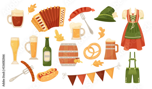 Oktoberfest or beer festival elements vector illustrations set. Collection of drawings of glasses of beer, lederhosen, accordion, sausages on forks. Celebration, autumn holidays, Germany concept
