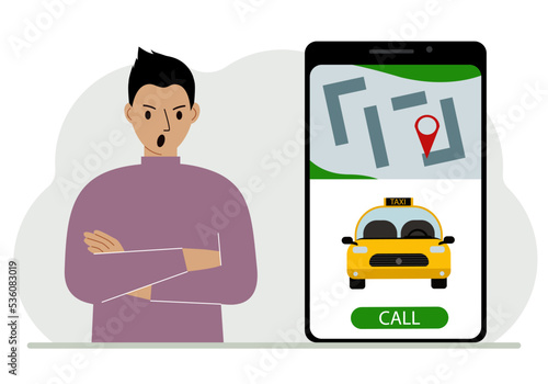 A man next to a large smartphone on the screen which has a taxi and geolocation. The concept of a mobile taxi application or ordering a taxi online.