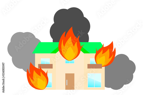 火事。火災現場。住宅が火事で燃えている。