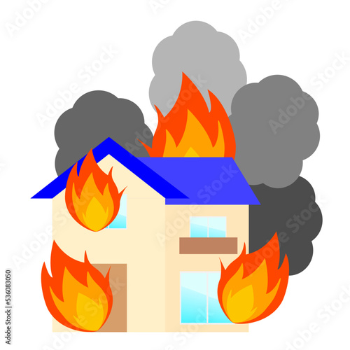 火事。火災現場。住宅が火事で燃えている。