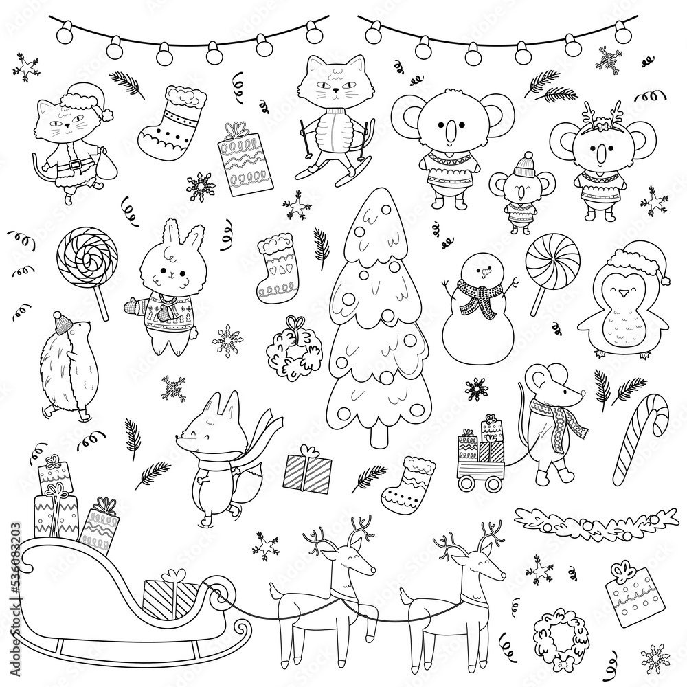 Set of cute hand drawn doodle Christmas animals Bcat,deer,koala,penguin,fox. Set of cute hand drawn doodle Christmas animals Bcat,deer,koala,penguin,fox.