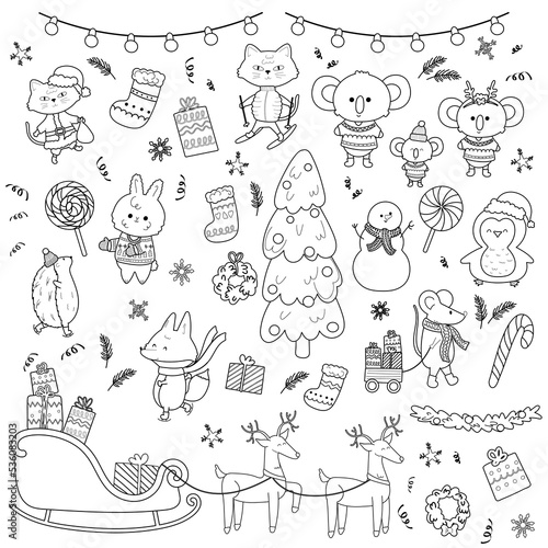 Set of cute hand drawn doodle Christmas animals Bcat deer koala penguin fox.