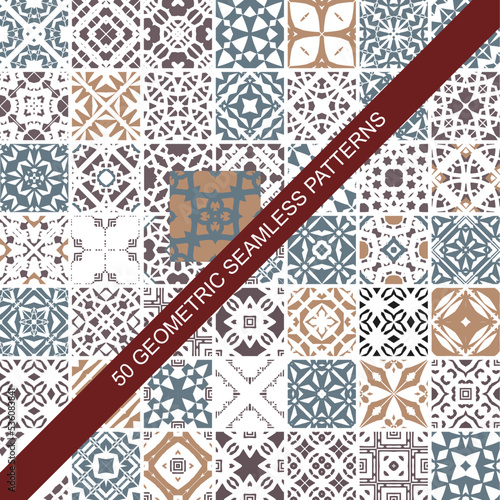 Collection of 50 colourful seamless vector patterns. Elegant color oriental backgrounds. Creative tile mosaic design. Big set of prints.