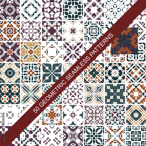 Collection of 50 colourful seamless vector patterns. Elegant color oriental backgrounds. Creative tile mosaic design. Big set of prints.