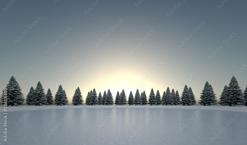 winter landscape with trees in front of sunset - 3D Illustration