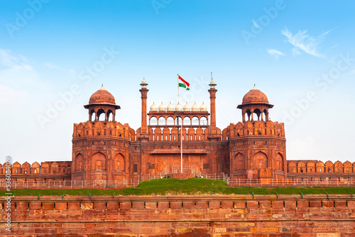 View of the Red Fort, Lahori Gate during sunny summer day in New Delhi, India