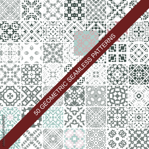 Collection of 50 colourful seamless vector patterns. Elegant color oriental backgrounds. Creative tile mosaic design. Big set of prints.