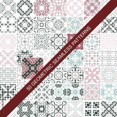 Collection of 50 colourful seamless vector patterns. Elegant color oriental backgrounds. Creative tile mosaic design. Big set of prints.