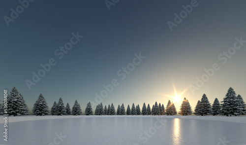 winter landscape with trees in front of sunset - 3D Illustration © pixelkorn