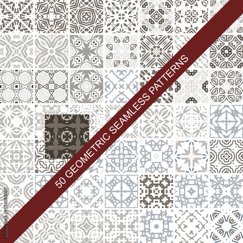 Collection of 50 colourful seamless vector patterns. Elegant color oriental backgrounds. Creative tile mosaic design. Big set of prints.