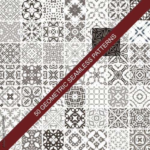 Collection of 50 colourful seamless vector patterns. Elegant color oriental backgrounds. Creative tile mosaic design. Big set of prints.