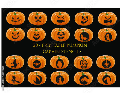 20 printable Halloween pumpkin carving stencils Jack o lantern Pumpkin face svg Carving Templates