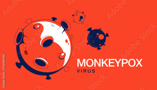 Monkeypox virus cells outbreak medical banner. Monkeypox virus cells on white sciense background. Monkey pox microbiological vector background. Vector EPS10