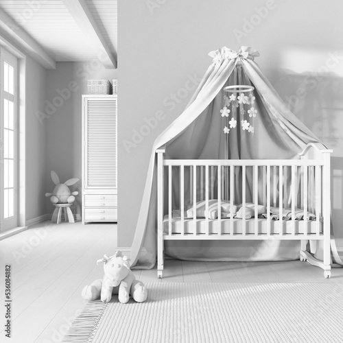 Fototapeta Naklejka Na Ścianę i Meble -  Total white project draft, wooden nursery. Canopy crib, carpet and toys. Farmhouse interior design