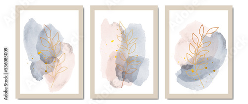 Set of modern botanical prints, paintings with watercolor blue, pink strokes and gold leaves. Vector canvas design for print and home decor. © leafyori