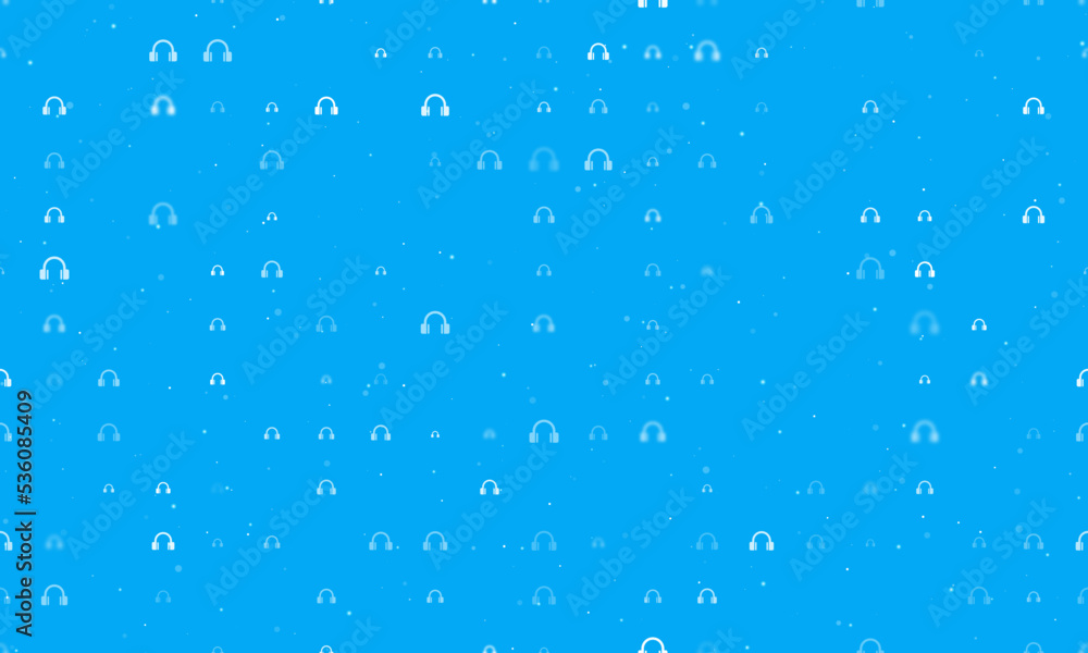 Seamless background pattern of evenly spaced white headphones symbols of different sizes and opacity. Vector illustration on light blue background with stars
