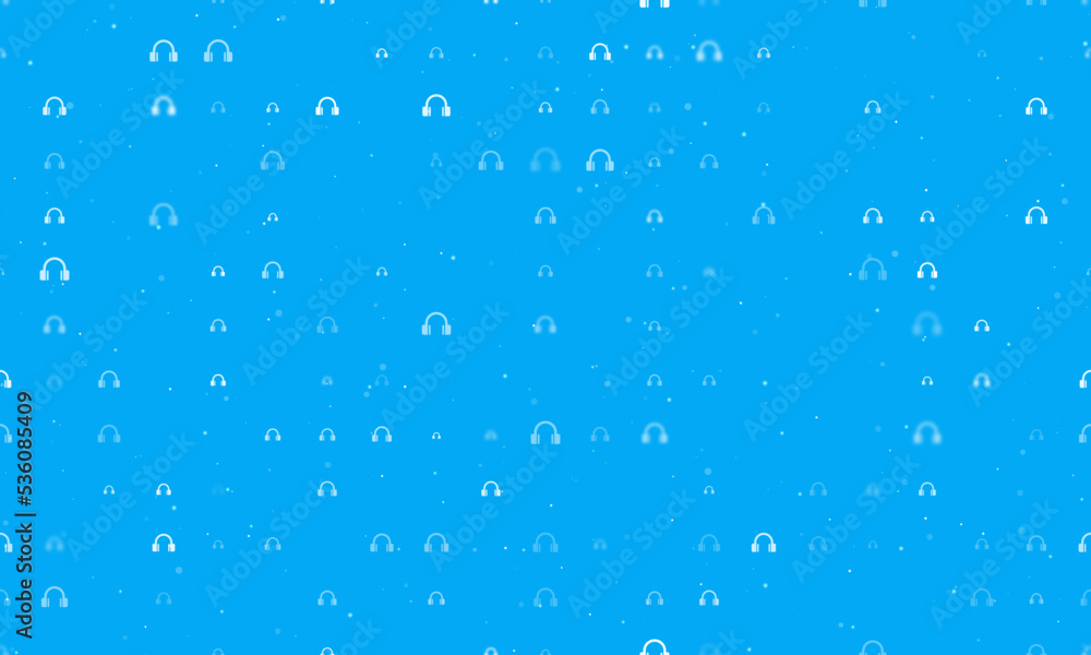 Seamless background pattern of evenly spaced white headphones symbols of different sizes and opacity. Vector illustration on light blue background with stars Seamless background pattern of evenly spaced white headphones symbols of different sizes and opacity. Vector illustration on light blue background with stars
