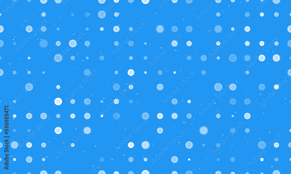 Seamless background pattern of evenly spaced white gramophone record symbols of different sizes and opacity. Vector illustration on blue background with stars