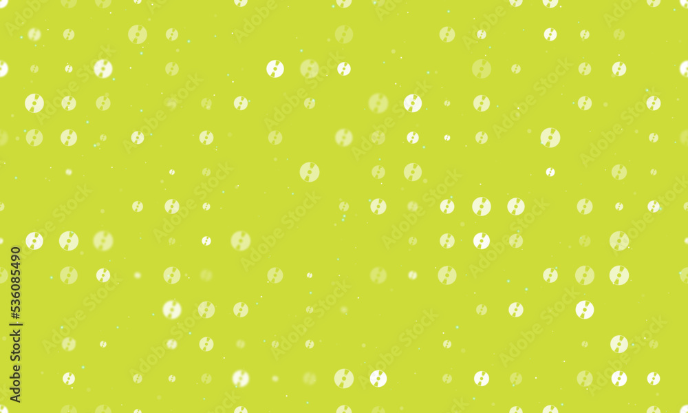 Seamless background pattern of evenly spaced white cd symbols of different sizes and opacity. Vector illustration on lime background with stars