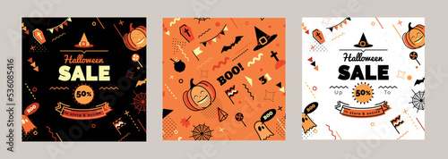 Halloween sale posters set. Sale backgrounds in 80s memphis style with holiday symbols.  Vector illustration