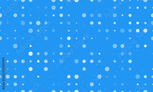 Seamless background pattern of evenly spaced white gramophone record symbols of different sizes and opacity. Vector illustration on blue background with stars