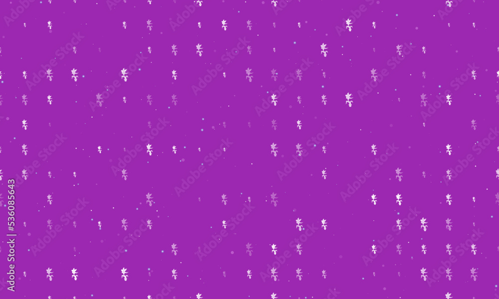 Seamless background pattern of evenly spaced white carnivorous plant symbols of different sizes and opacity. Vector illustration on purple background with stars