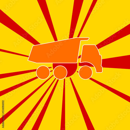 Truck symbol on a background of red flash explosion radial lines. The large orange symbol is located in the center of the sun, symbolizing the sunrise. Vector illustration on yellow background