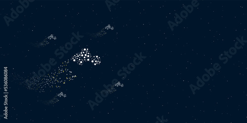A road roller symbol filled with dots flies through the stars leaving a trail behind. There are four small symbols around. Vector illustration on dark blue background with stars