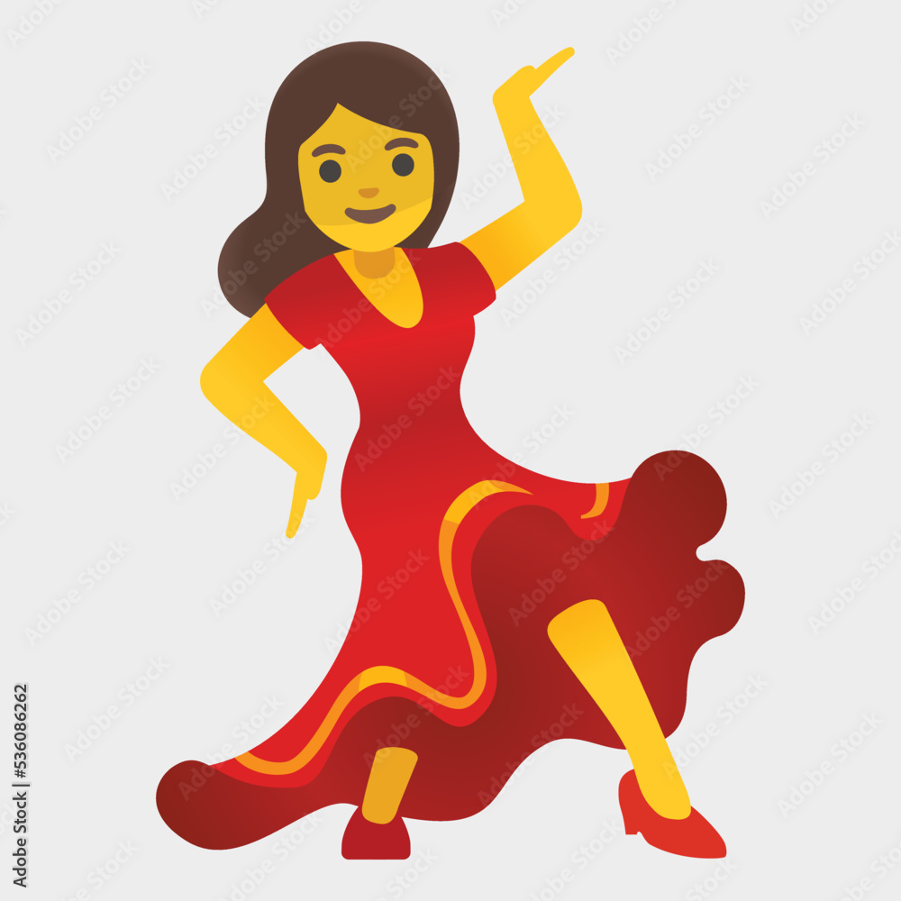 Woman dancing vector emoji design. Isolated Woman with one arm raised wearing a red dress and