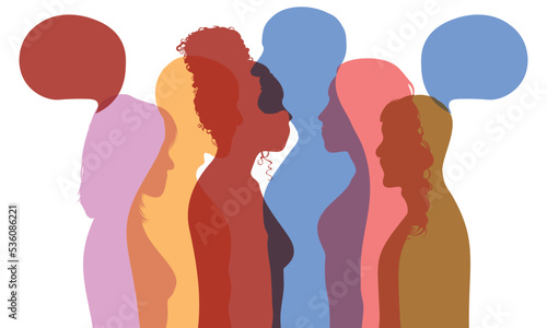 The speech bubble represents a dialogue between people of diverse cultures, with a crowd talking and communicating with one another. Vector cartoon profiles and interviews.