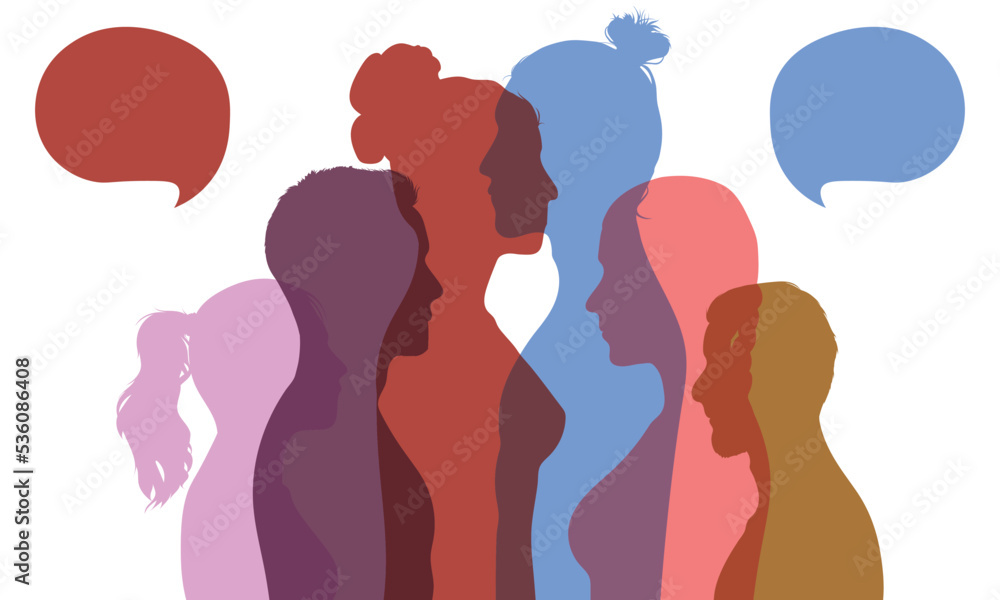 Vector illustration of diverse people in a large isolated profile talking. Interethnic dialogue. Crowd to communicate. Social networking concept. 