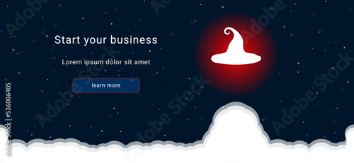Business startup concept Landing page screen. The witch hat symbol on the right is highlighted in bright red. Vector illustration on dark blue background with stars and curly clouds from below