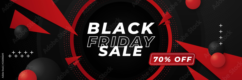 Black Friday sale design template. Black Friday sale horizontal banner with black red background with place for text. Design template for black Friday sale banner. Vector illustration.