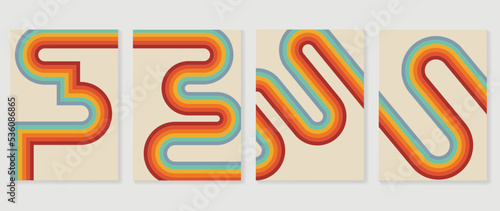 Set of abstract colorful stripes background vector. 70s retro vintage style illustration creative cover with rainbow lines, curve geometric shapes. Design for decorative, wall art, poster, banner.