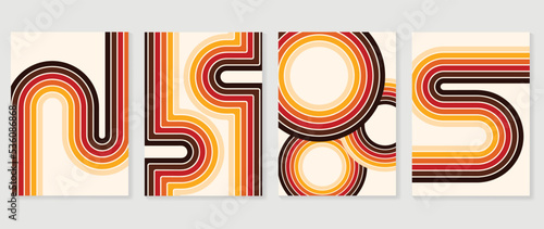 Set of abstract colorful stripes background vector. 70s retro vintage style illustration creative cover with lines, curve geometric shapes, circle. Design for decorative, wall art, poster, banner.