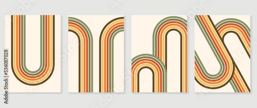 Set of abstract colorful stripes Background vector. 70s retro vintage style illustration creative cover with lines, curve geometric shapes. Design for decorative, wall art, poster, banner.