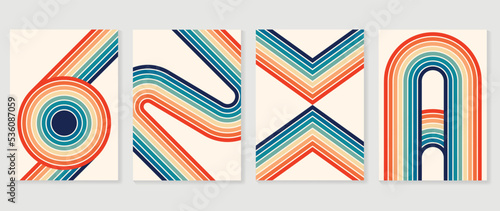 Set of abstract colorful stripes background vector. 70s retro vintage style illustration creative cover with rainbow lines, curve geometric shapes. Design for decorative, wall art, poster, banner.