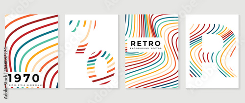 Set of abstract colorful stripes background vector. 70s retro vintage style illustration creative with colorful wave lines, curve shapes. Design for decorative, wall art, poster, banner, cover.