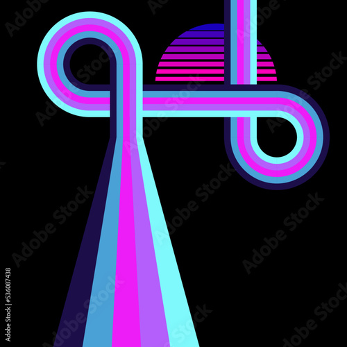 Retro Striped Sunrise Neon Background. Highway vector illustration