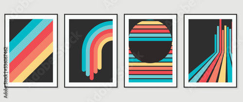 Set of abstract colorful stripes background vector. 70s retro vintage style creative cover with lines, curve, circle, geometric shapes. Design for decorative, wall art, poster, banner.