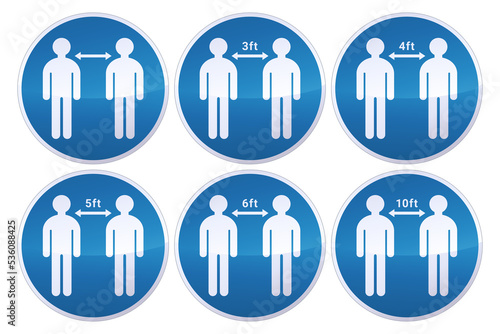 Collection of mandatory social distancing signs in foot (cutout)