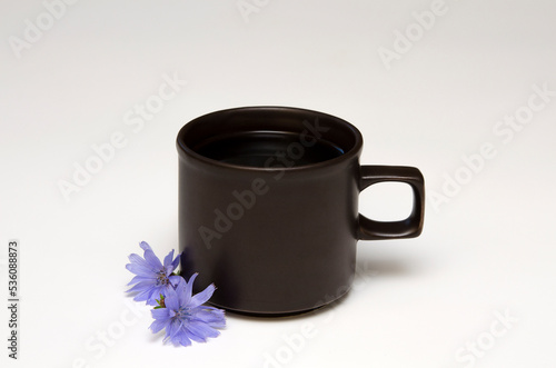 cup with chicory and blue flowers plants nearby on a white background