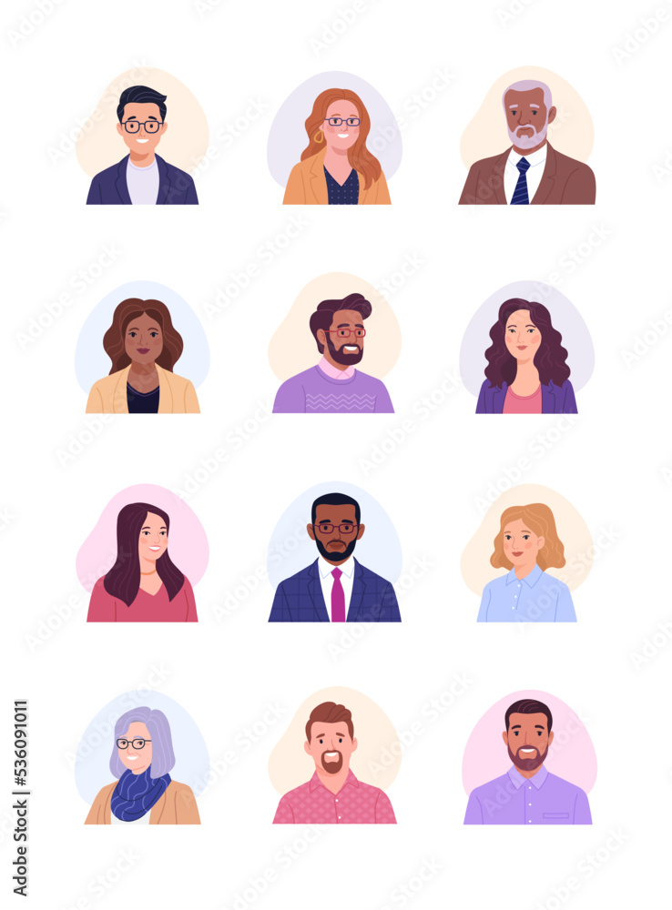 Collection of avatars. Vector cartoon illustration of portraits of diverse smiling business people of different ages and ethnicities. Isolated on white Collection of avatars. Vector cartoon illustration of portraits of diverse smiling business people of different ages and ethnicities. Isolated on white