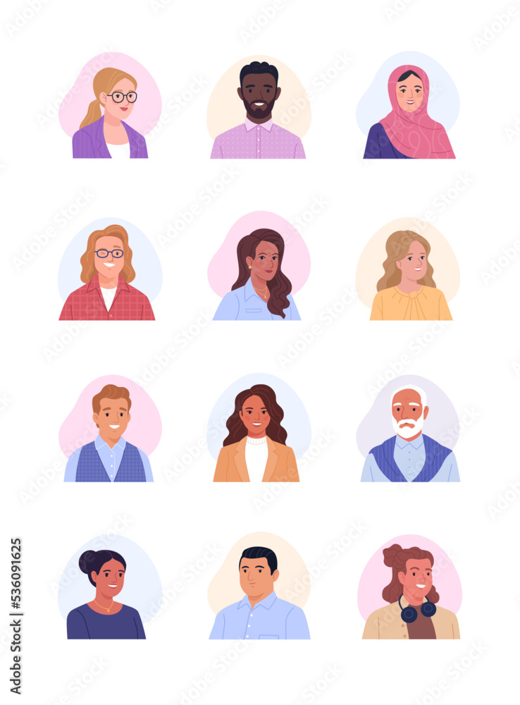 Collection of avatars. Vector cartoon illustration of portraits of diverse smiling business people of different ages and ethnicities. Isolated on white Collection of avatars. Vector cartoon illustration of portraits of diverse smiling business people of different ages and ethnicities. Isolated on white